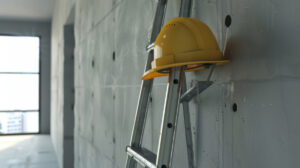 A yellow hard hat on a ladder at a construction site in Meridian.